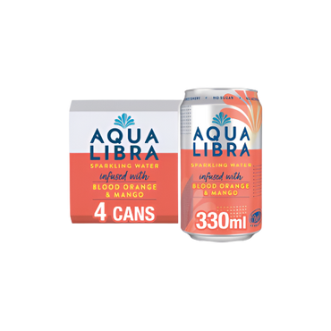 “Aqua Libra Sparkling Water Blood Orange & Mango – 4x330ml Cans on White Background”